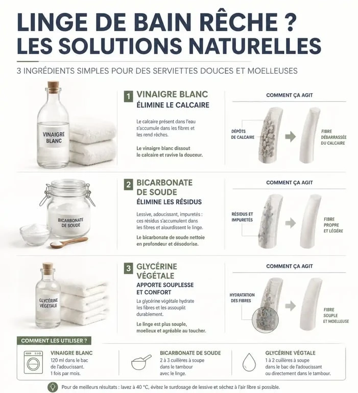 Infographie des astuces naturelles pour avoir des serviettes de toilette moelleuses sans sèche-linge