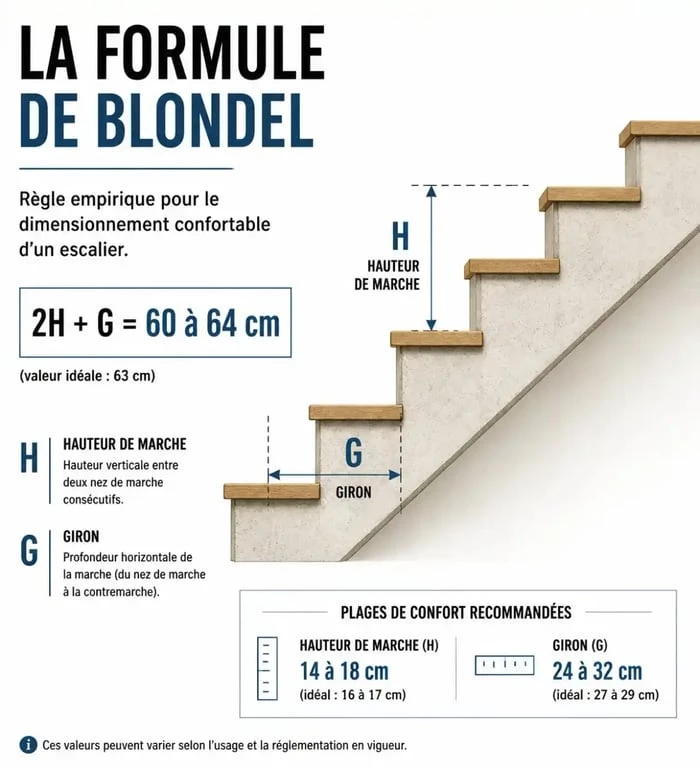 Schéma explicatif de la formule de Blondel pour fabriquer un escalier en métal