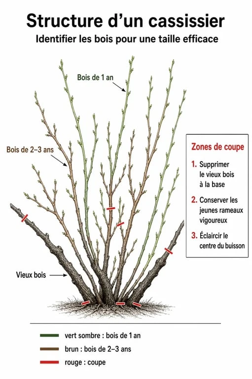 Schéma explicatif pour savoir quand et comment tailler les cassissiers pour une récolte optimale