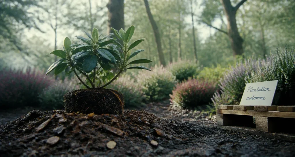 Quand planter un rhododendron : motte fraîche sur terre de bruyère avec paillis de pin