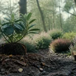 Quand planter un rhododendron : motte fraîche sur terre de bruyère avec paillis de pin
