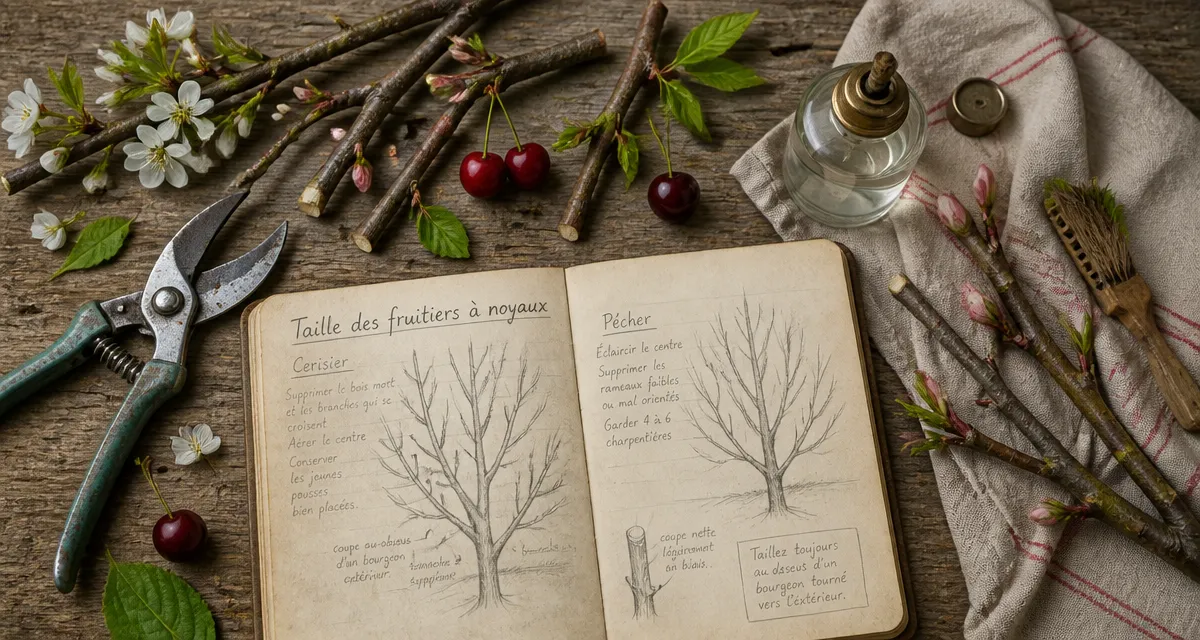 quand tailler les arbres fruitiers à noyaux, outils de taille sur plan de travail