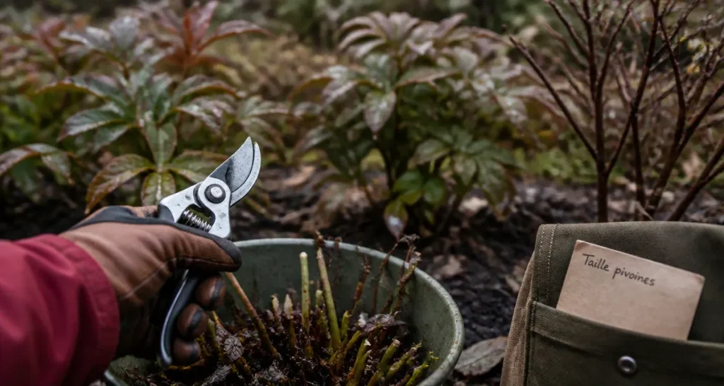 Quand tailler les pivoines : rabattre les tiges à 5–10 cm avec un sécateur