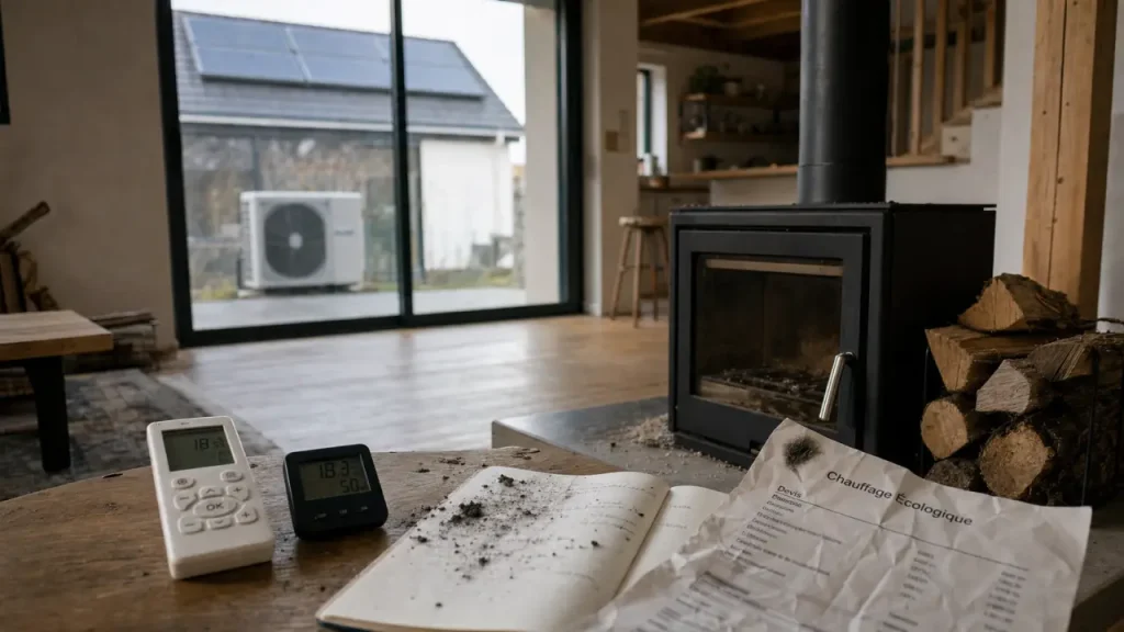 Chauffage écologique : bois, panneaux solaires et pompe à chaleur dans une maison rénovée
