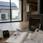 Chauffage écologique : bois, panneaux solaires et pompe à chaleur dans une maison rénovée