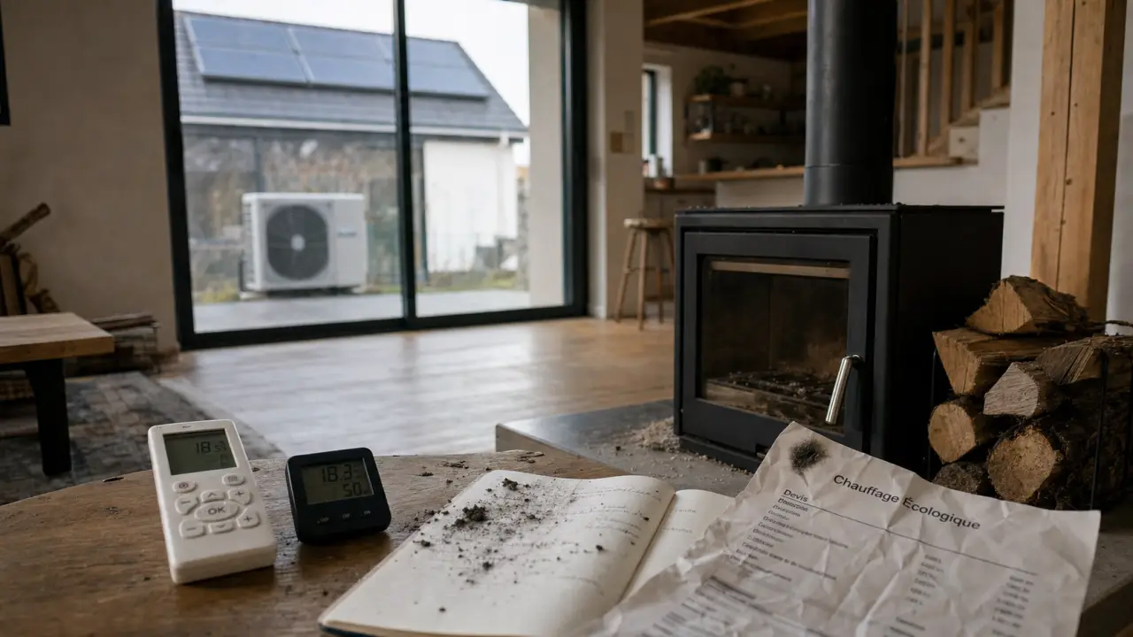 Chauffage écologique : bois, panneaux solaires et pompe à chaleur dans une maison rénovée