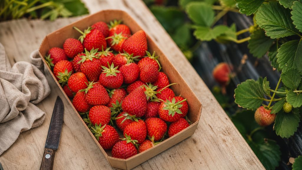 Comment cueillir les fraises : barquette sans écraser, vue au-dessus