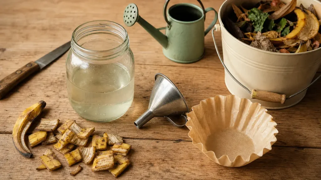 Engrai banane : peaux de banane en bocal avec eau, jardin