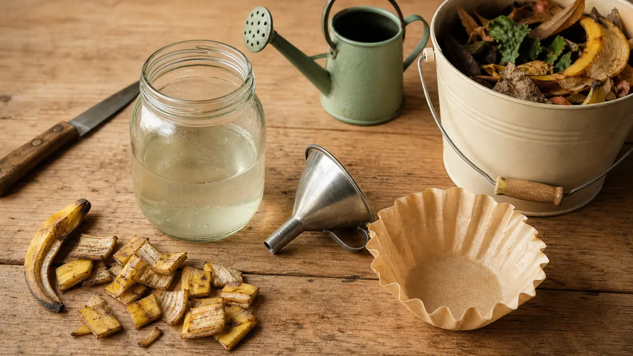 Engrai banane : peaux de banane en bocal avec eau, jardin