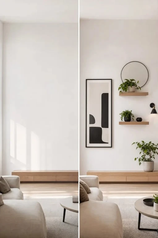 Idées pour decorer mur blanc avec avant/après dans un salon chaleureux