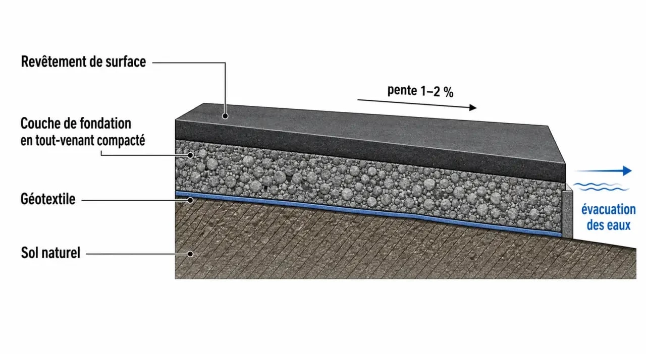 Schéma technique des couches d'une allée carrossable pas chère et durable