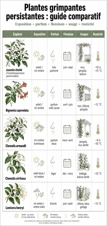 Infographie sur la plante grimpante persistant : comparatif des meilleures espèces pour mur, pergola, balcon et clôture