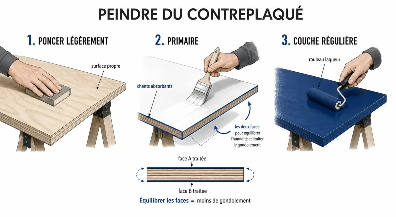 Peindre du contreplaqué : préparation, primaire et peinture en trois étapes sur panneau