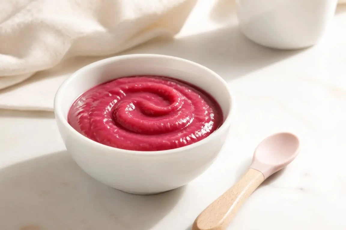 Recette purée de betterave bébé dans un petit bol blanc