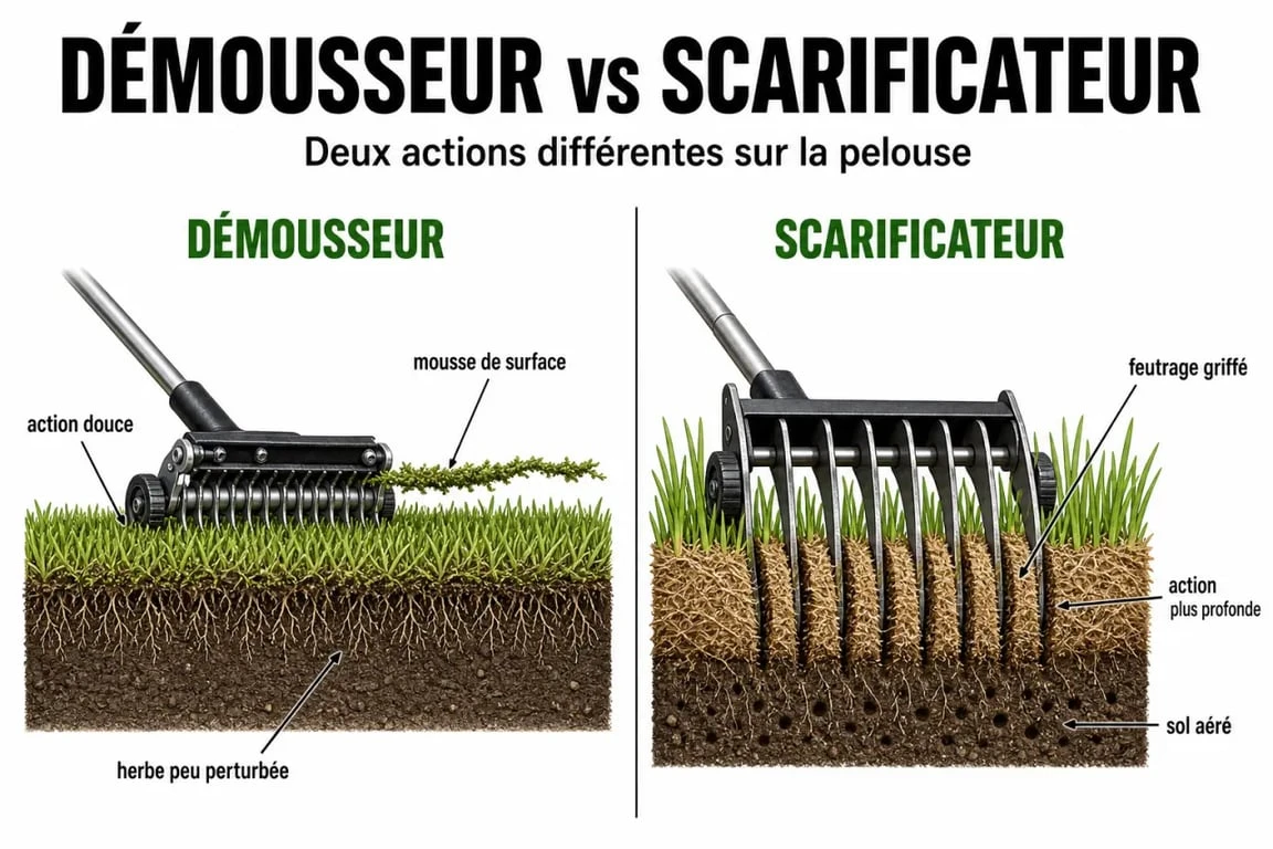 Démousseur ou scarificateur : comparaison visuelle des deux outils pour l’entretien de la pelouse
