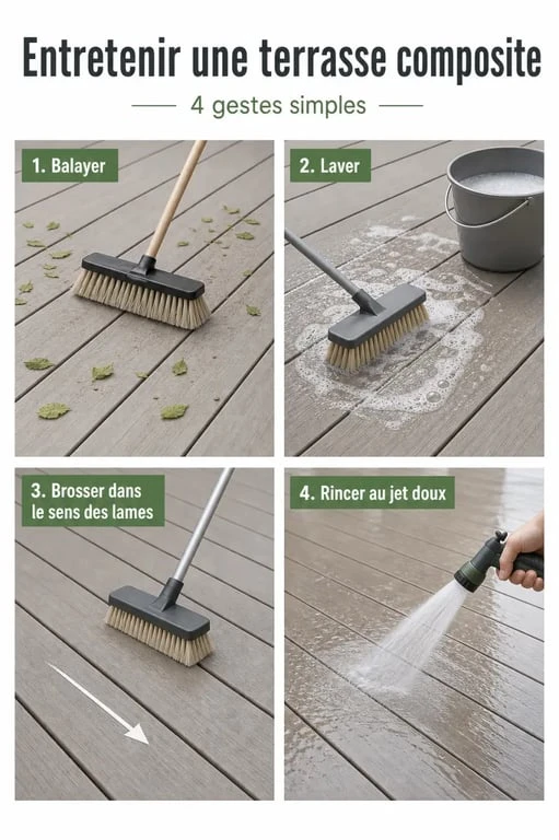 Nettoyer terrasse en composite : balayage, brossage dans le sens des lames et rinçage doux
