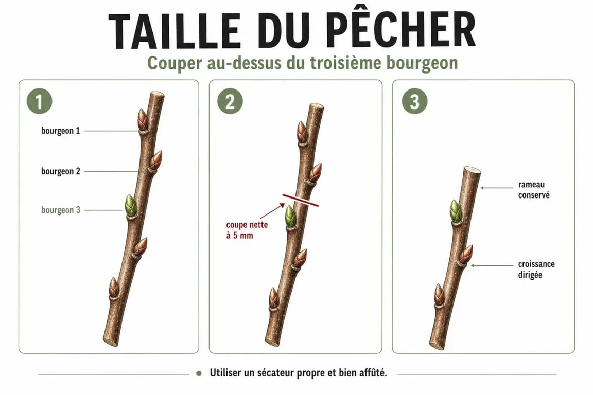 Schéma explicatif de la taille des pêchers au-dessus du troisième œil