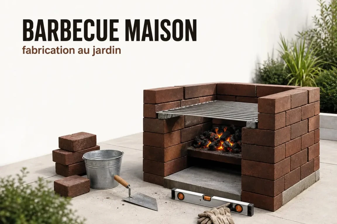 Faire un barbecue maison : barbecue en briques dans un jardin avec grille et braises