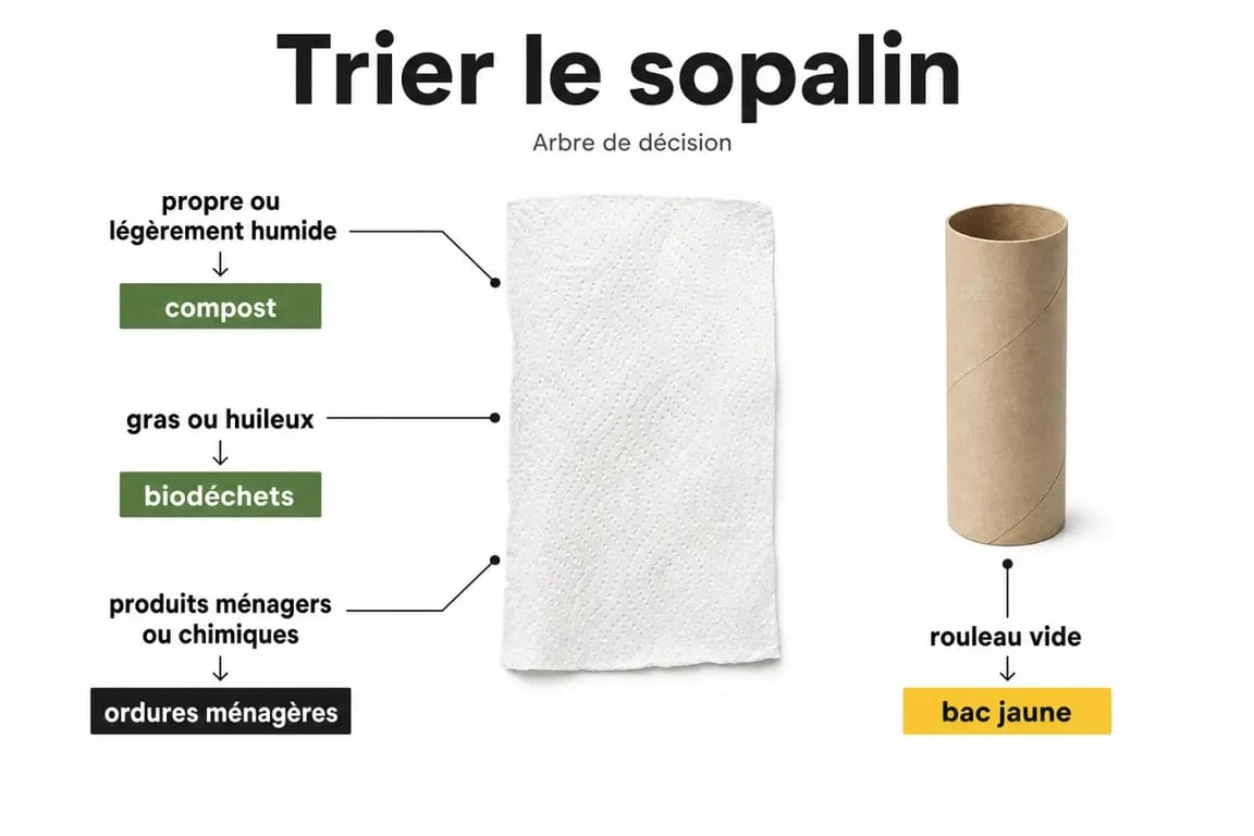 Sopalin recyclable : arbre de décision montrant où jeter le sopalin selon son état et le rouleau en carton