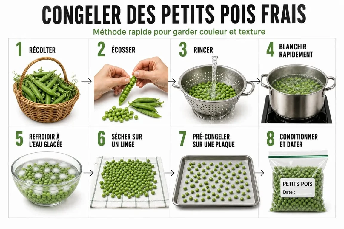 Congeler petit pois frais : schéma des étapes de préparation et de congélation du tri au stockage au congélateur