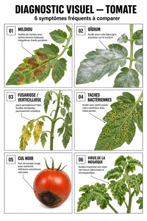 Tomates : reconnaître les maladies courantes avec une infographie des symptômes sur le plant
