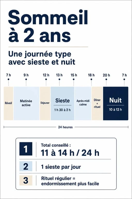 Infographie sur le sommeil de l'enfant de 2 ans : besoins en heures et routine quotidienne
