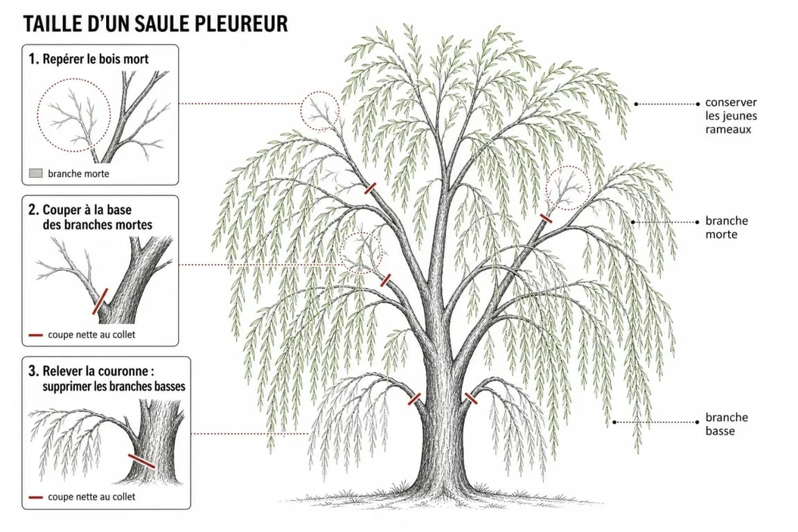 Schéma technique des étapes de taille d'un saule pleureur pour un entretien sain