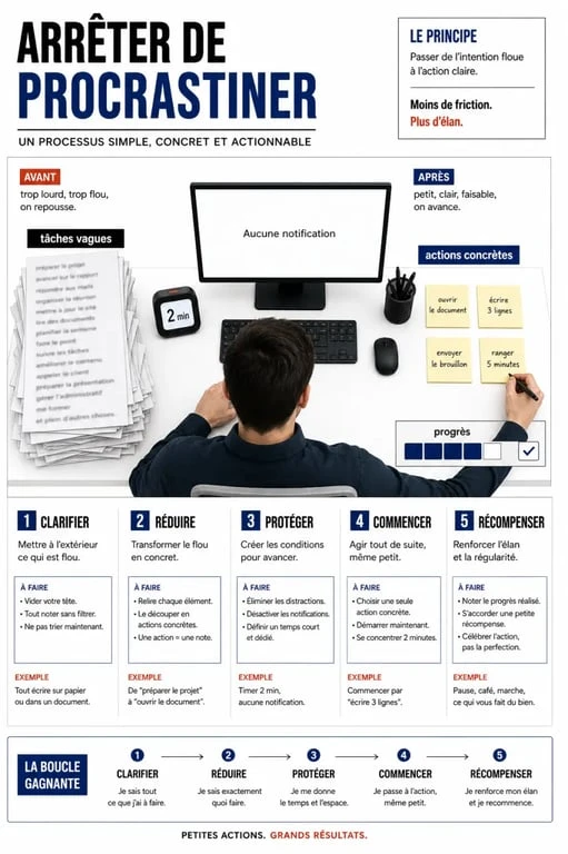 Illustration pour arrêter de procrastiner avec des petites actions concrètes, un minuteur et une liste de priorités