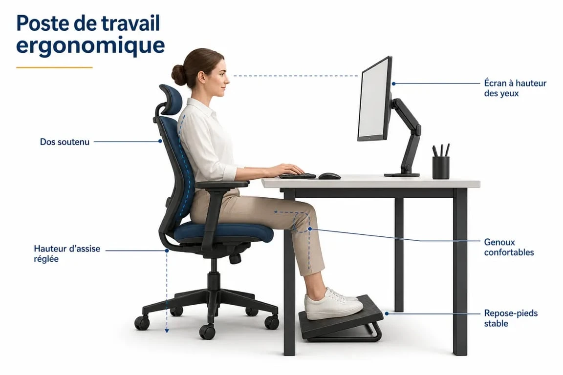 Bureau repose pied : schéma éditorial montrant la position idéale des pieds sous un bureau ergonomique