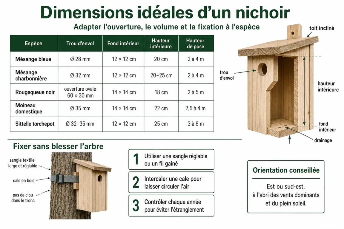 Infographie sur les bonnes pratiques pour installer un nichoir à oiseaux et respecter la loi