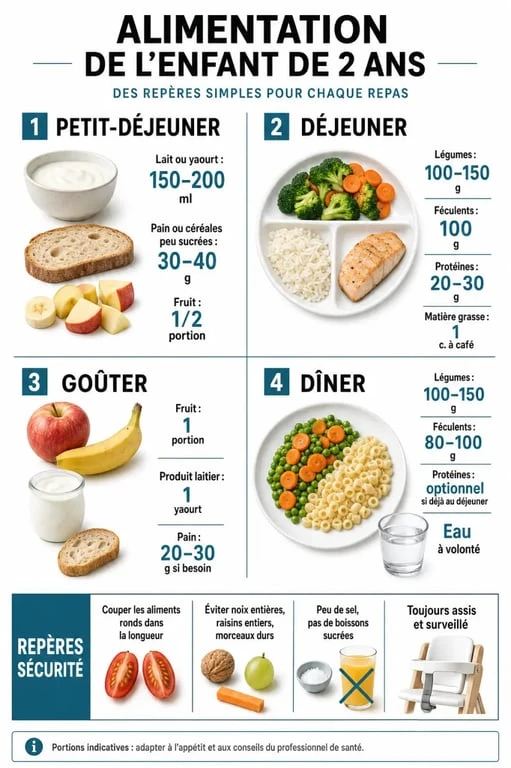Repas bébé 2 ans : journée type équilibrée avec portions indicatives pour petit-déjeuner, déjeuner, goûter et dîner