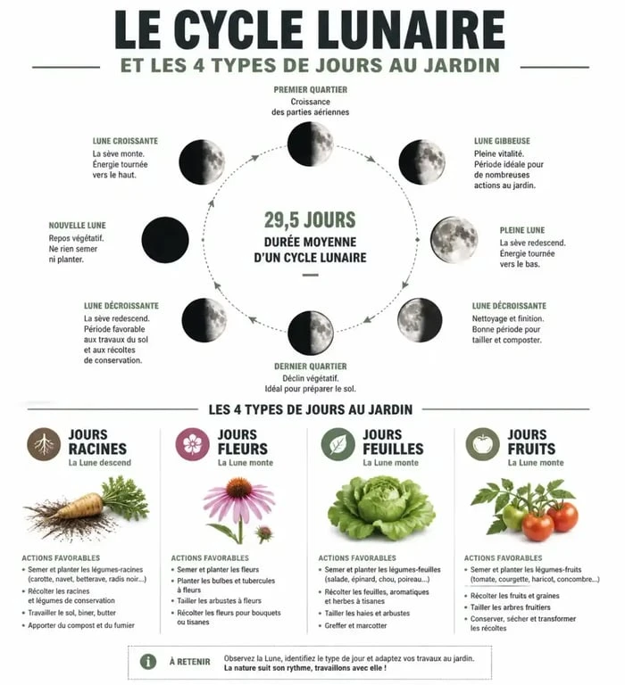 Infographie explicative pour jardiner avec la lune selon les phases et les types de cultures