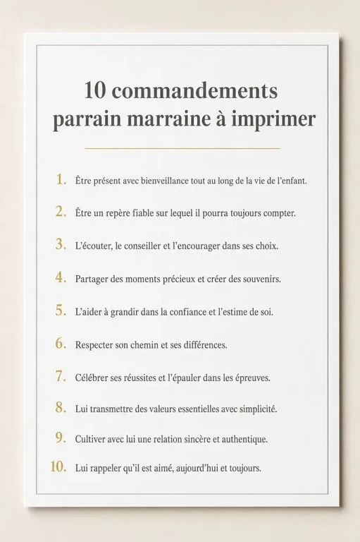 Aperçu du support 10 commandements parrain marraine à imprimer présenté en mockup élégant sur feuille A4