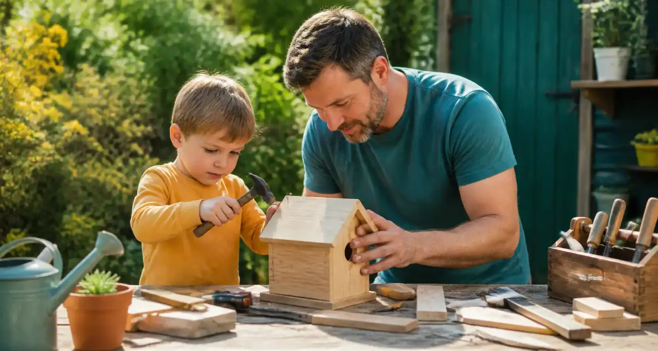 Parent et enfant construisant un nichoir en bois ensemble dans le jardin