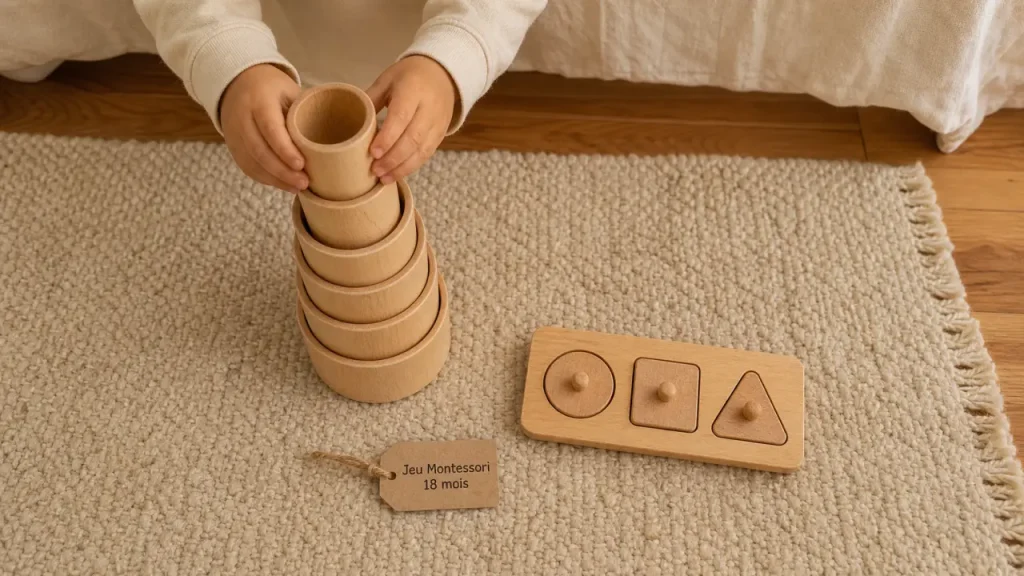 Jeu montessori 18 mois : gobelets empilables en bois, mains qui empilent sur tapis
