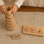 Jeu montessori 18 mois : gobelets empilables en bois, mains qui empilent sur tapis