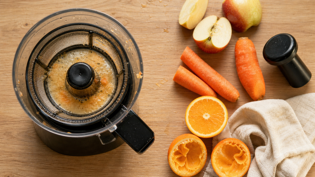 Meilleure centrifugeuse : Philips HR1856 et Bosch VitaJuice 4, bol et fruits prêts