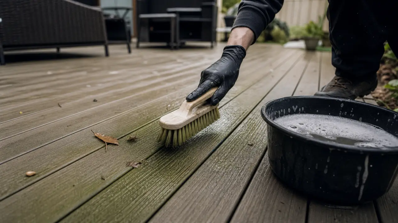 Nettoyer terrasse en composite : brosse douce et eau savonneuse sur lames