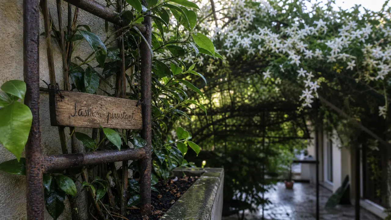 Plante grimpante persistant jasmin étoilé sur treillis près d’un mur