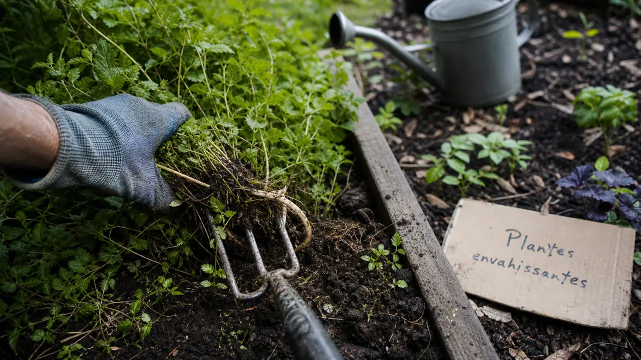 Plantes envahissantes jardin : menthe envahissante et racines visibles