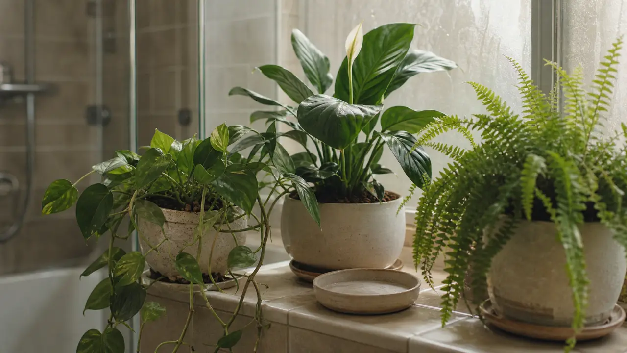 Plantes faciles pour salle de bain : pothos, spathiphyllum et fougère de Boston en pots