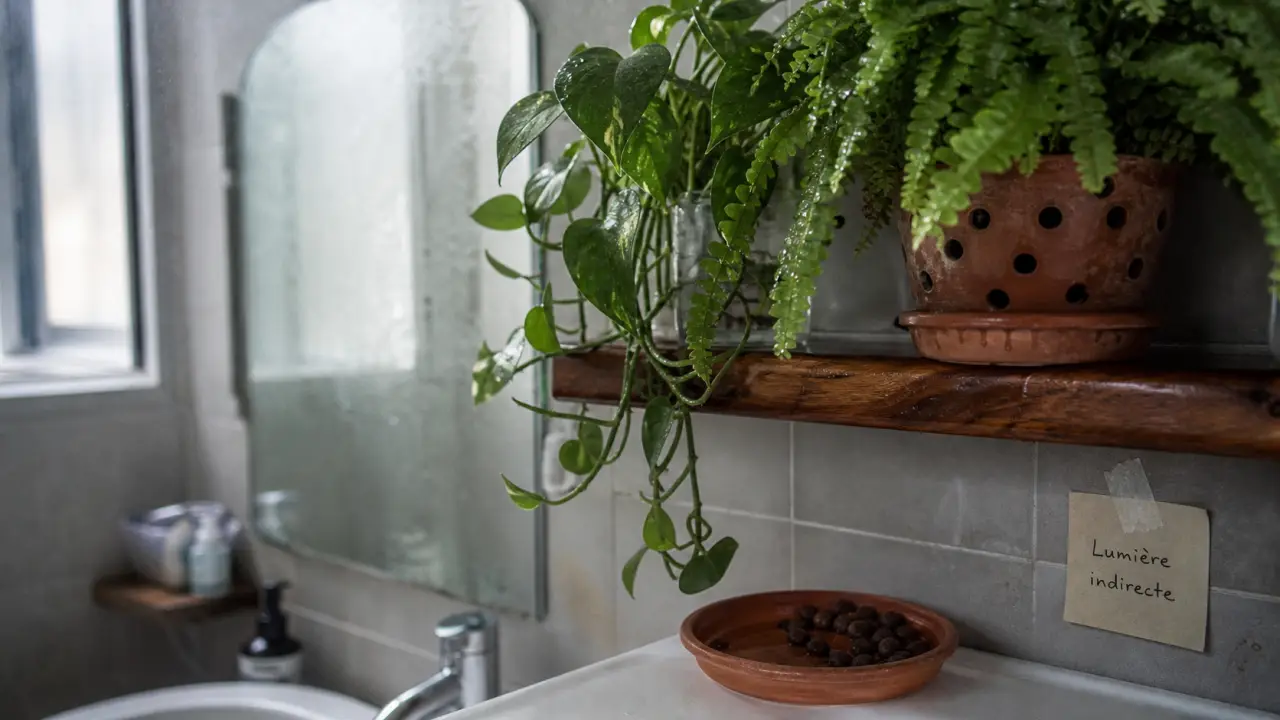 Plantes faciles pour salle de bain : fougère Boston et pothos, lumière indirecte