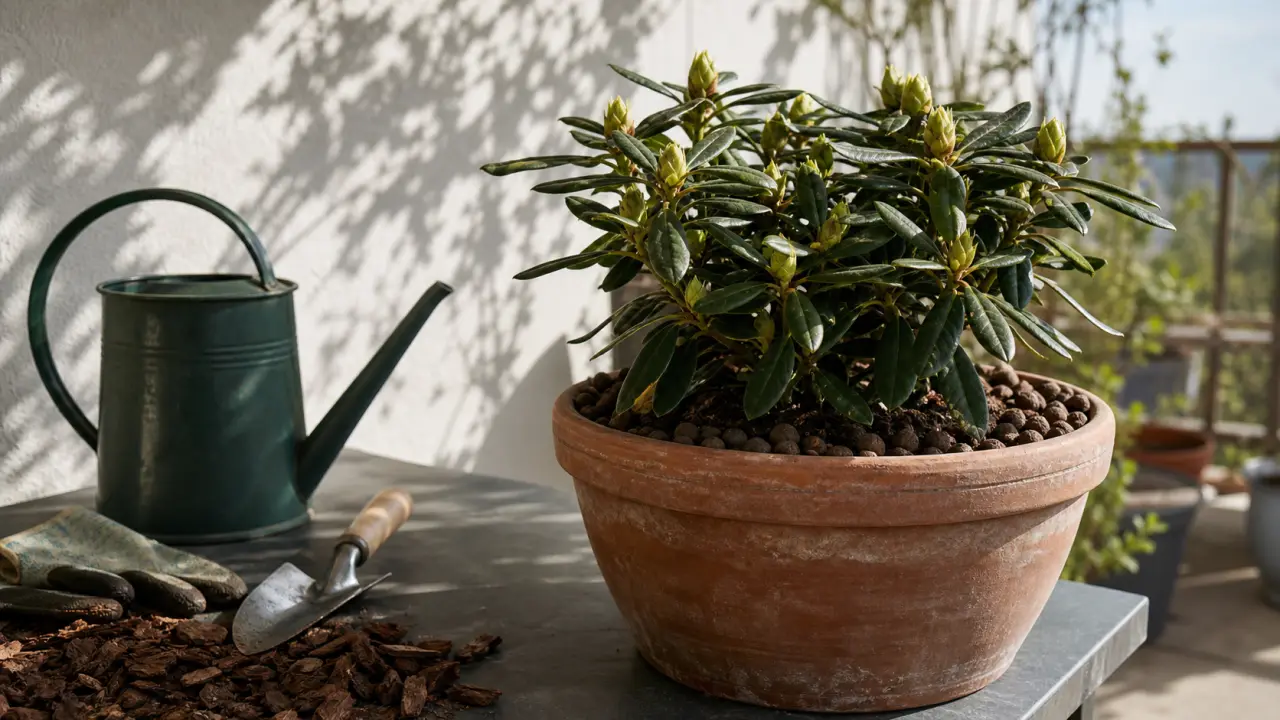 Potted rhododendron en pot sur balcon, boutons avant floraison