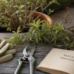 Quand tailler la verveine au printemps : sécateur sur gants et tiges de verveine citronnelle