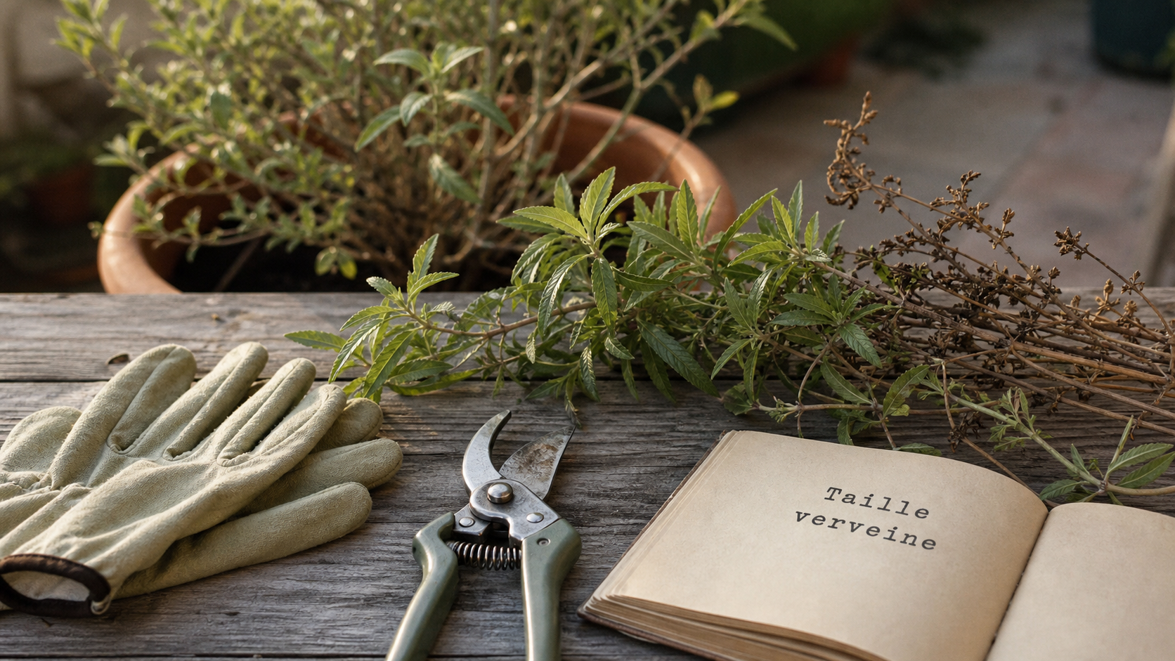 Quand tailler la verveine au printemps : sécateur sur gants et tiges de verveine citronnelle