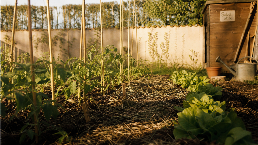 Quelle exposition pour un potager : soleil utile, planche de tomates et salades à l’ombre progressive.