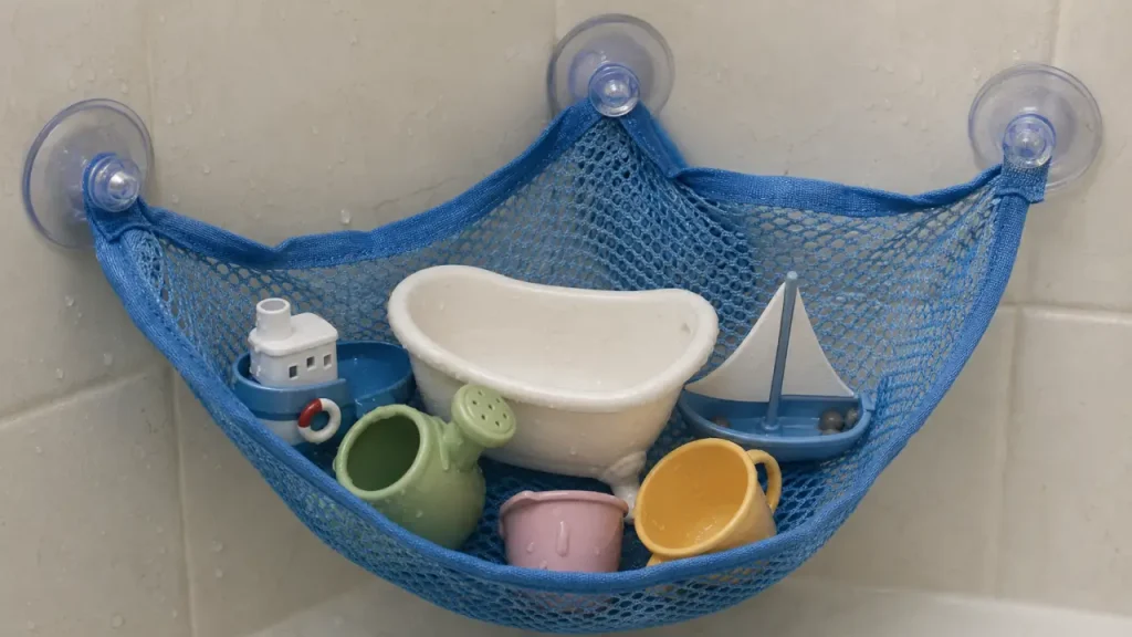 Filet à ventouses pour ranger jouets de bain dans la salle de bain