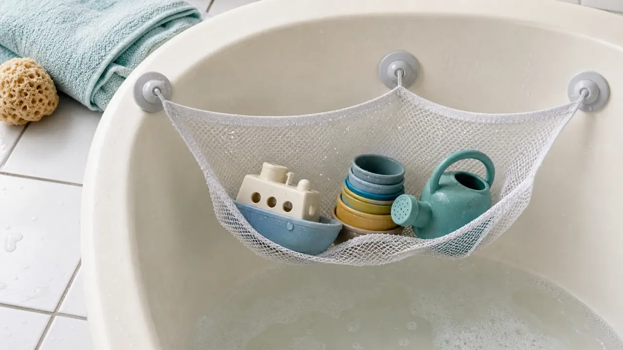 Ranger jouets bain : filet à ventouses avec jouets de bain sur paroi de baignoire