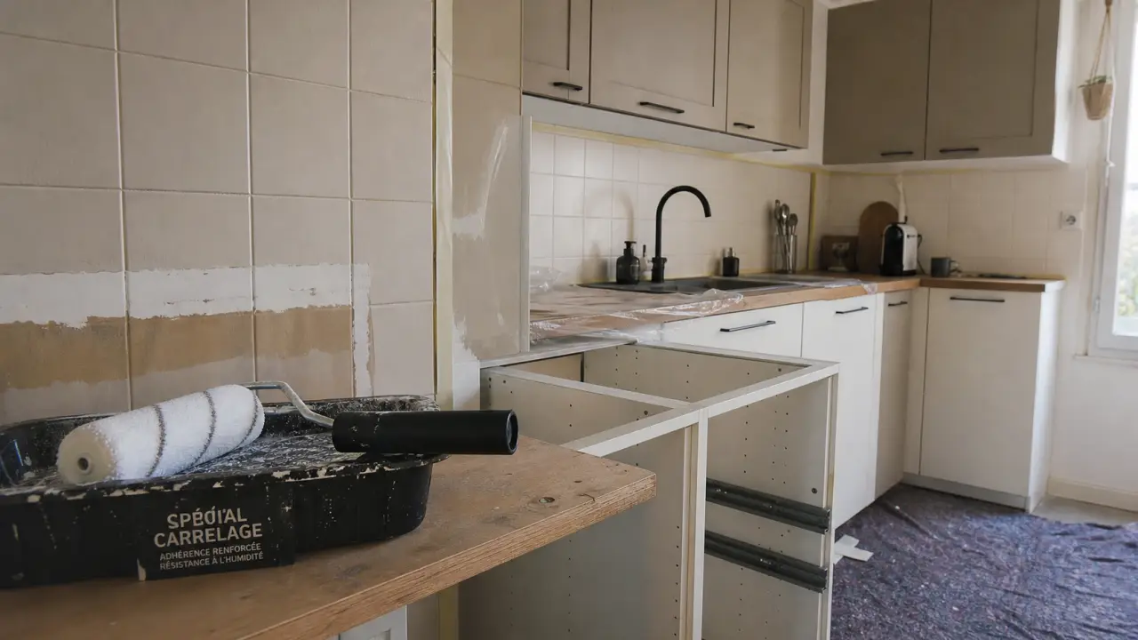 Rénover sa cuisine sans changer les meubles : crédence, façades et poignées noires.