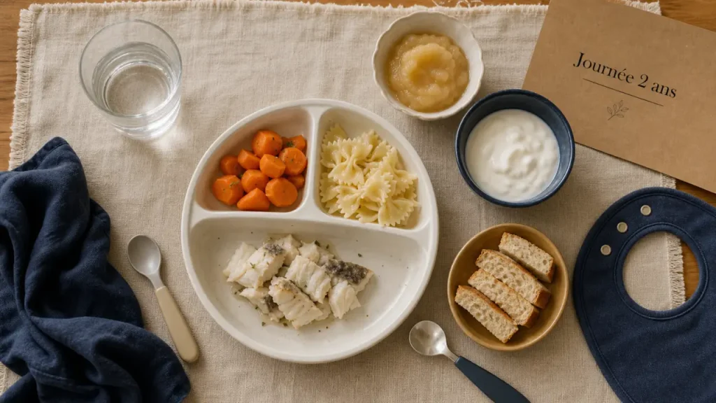 Repas bébé 2 ans : assiette équilibrée, textures adaptées, 30 g de protéines